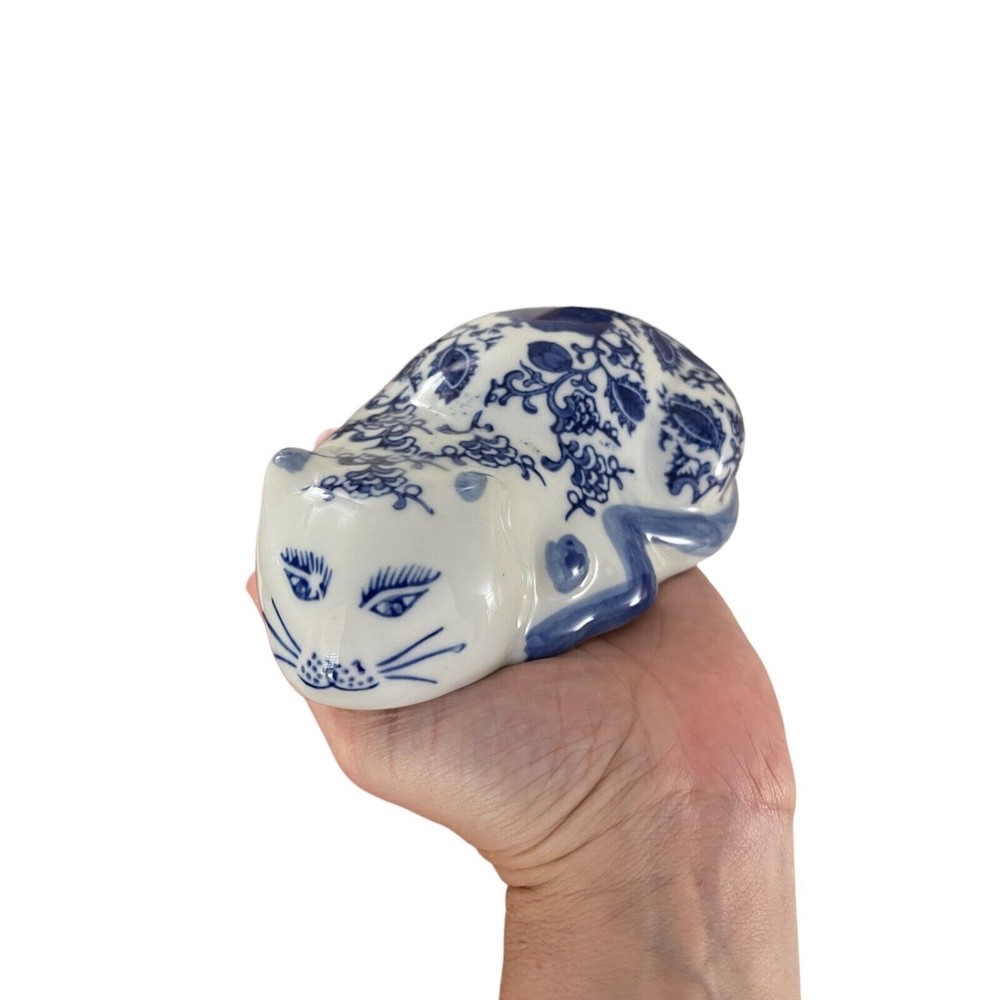 Vtg Cobalt Blue & White Chinoiserie Porcelain Sleeping Cat Floral Chintz Design - Picture 6 of 7